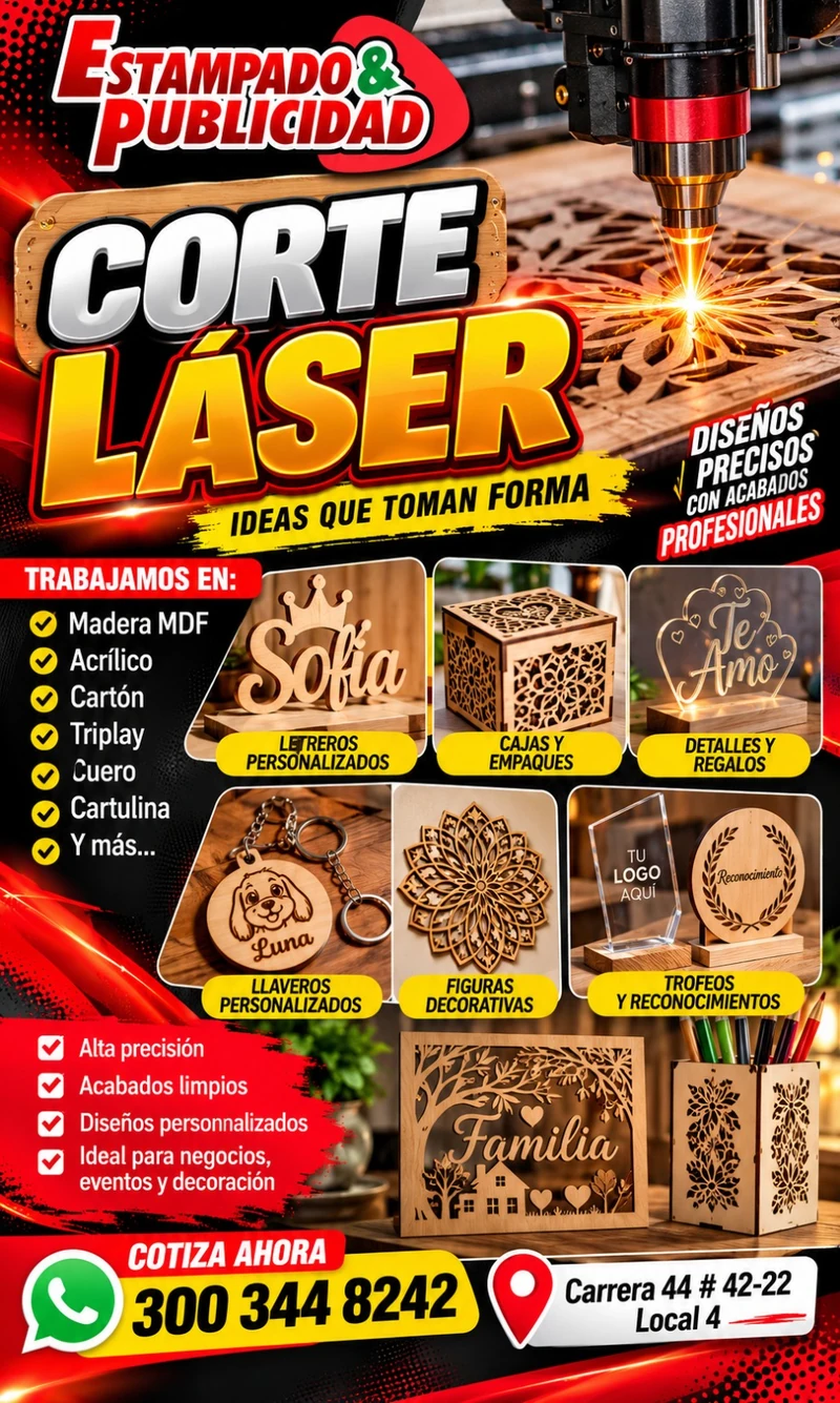 Afiche con ejemplos de letreros, cajas, adornos, llaveros, figuras y trofeos.