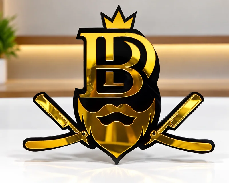 Emblema decorativo para barbería con inicial dorada, corona y tijeras.