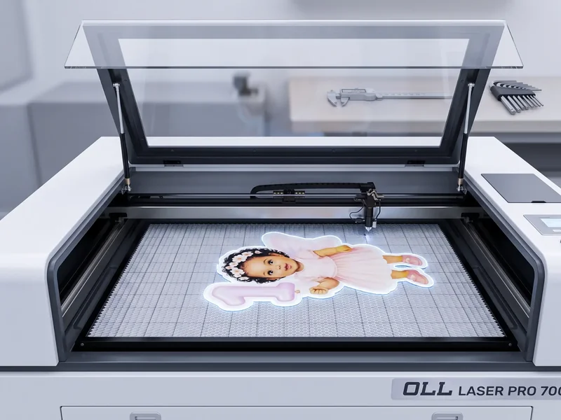 Equipo de corte láser abierto con una pieza personalizada sobre la mesa de trabajo.