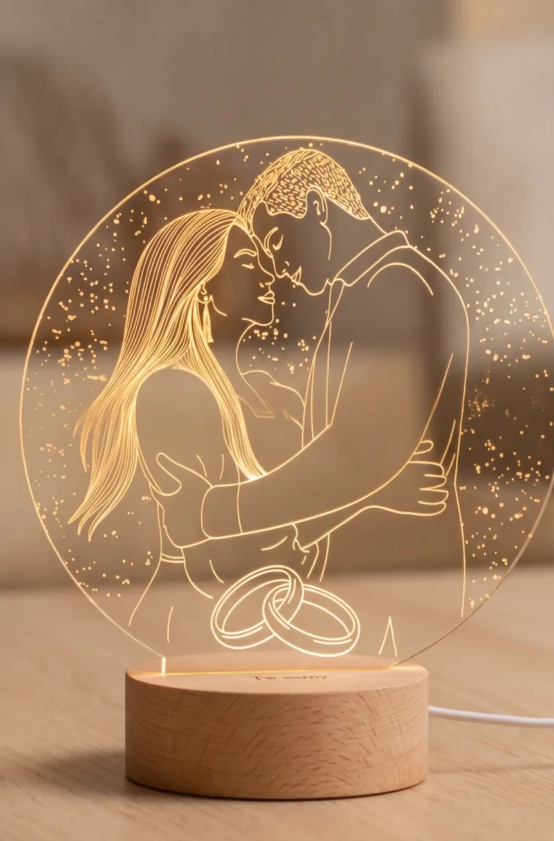 Lámpara decorativa con ilustración de una pareja en una placa transparente y base cilíndrica de madera.