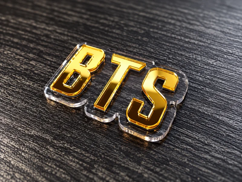 Letras doradas BTS sobre una base transparente contorneada.
