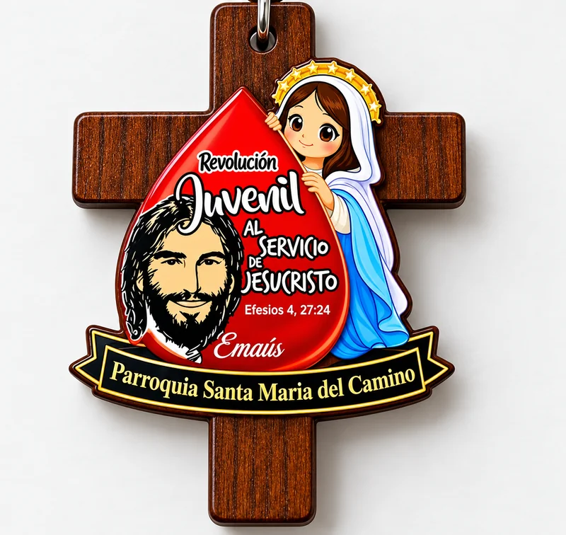 Pieza en forma de cruz con argolla y diseño religioso a color.