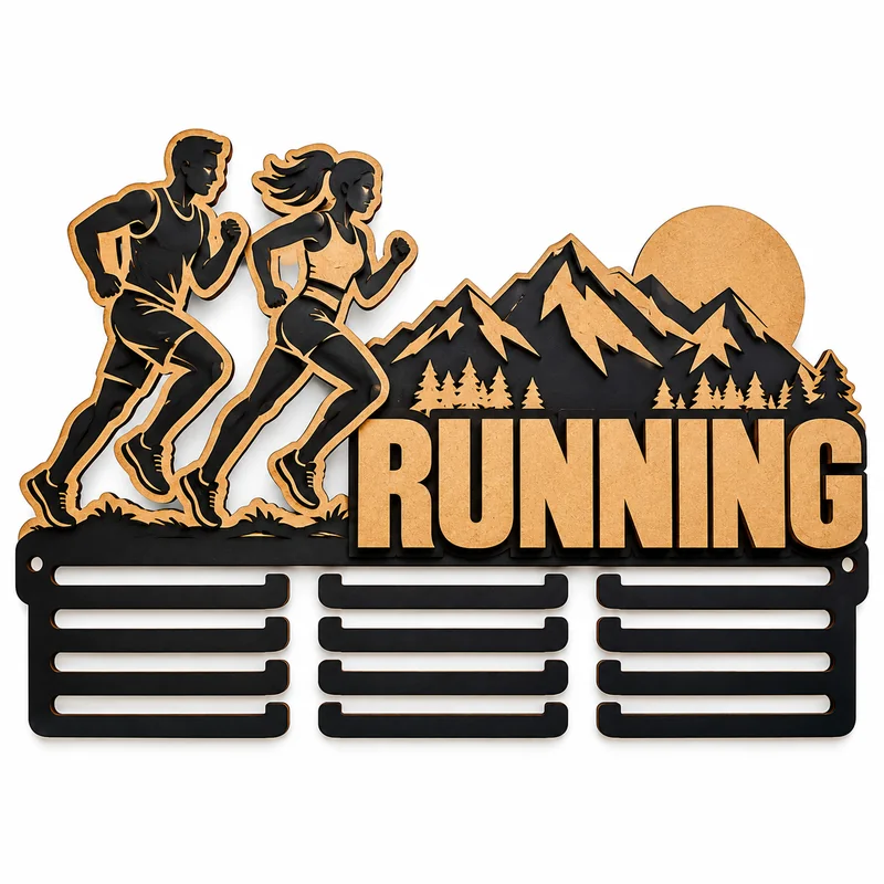 Medallero con siluetas de corredores, montañas y espacios para colgar medallas.