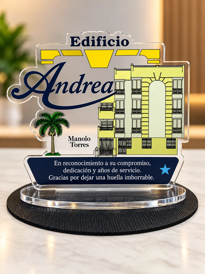 Placa transparente con ilustración de un edificio y texto de reconocimiento sobre base circular.