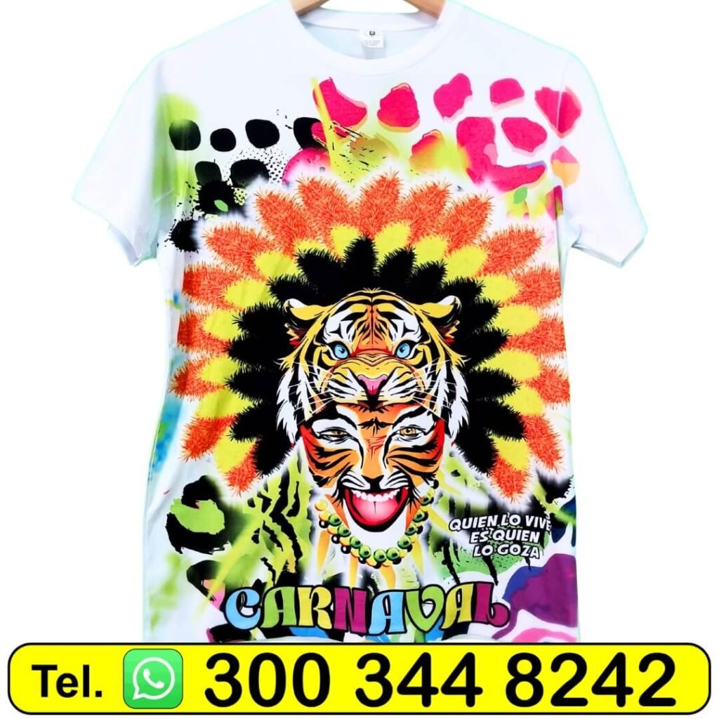 camiseta blanca estampada con tigre carnavalero ideal para recochar esta temporada